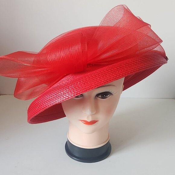 Elegant High Tea Fascinator Church Hat Red Bow - Picture 2 of 3